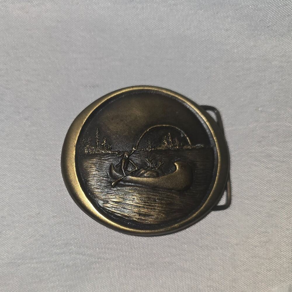 Vintage Indiana Metal Craft Belt Buckle Brass Indian Canoe  1976